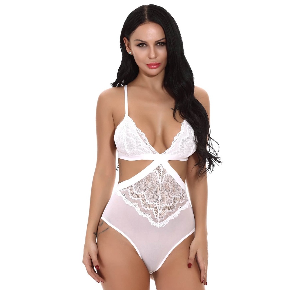 Sexy White Cut Out Mesh Lace Bodysuit - Picture 6 of 9